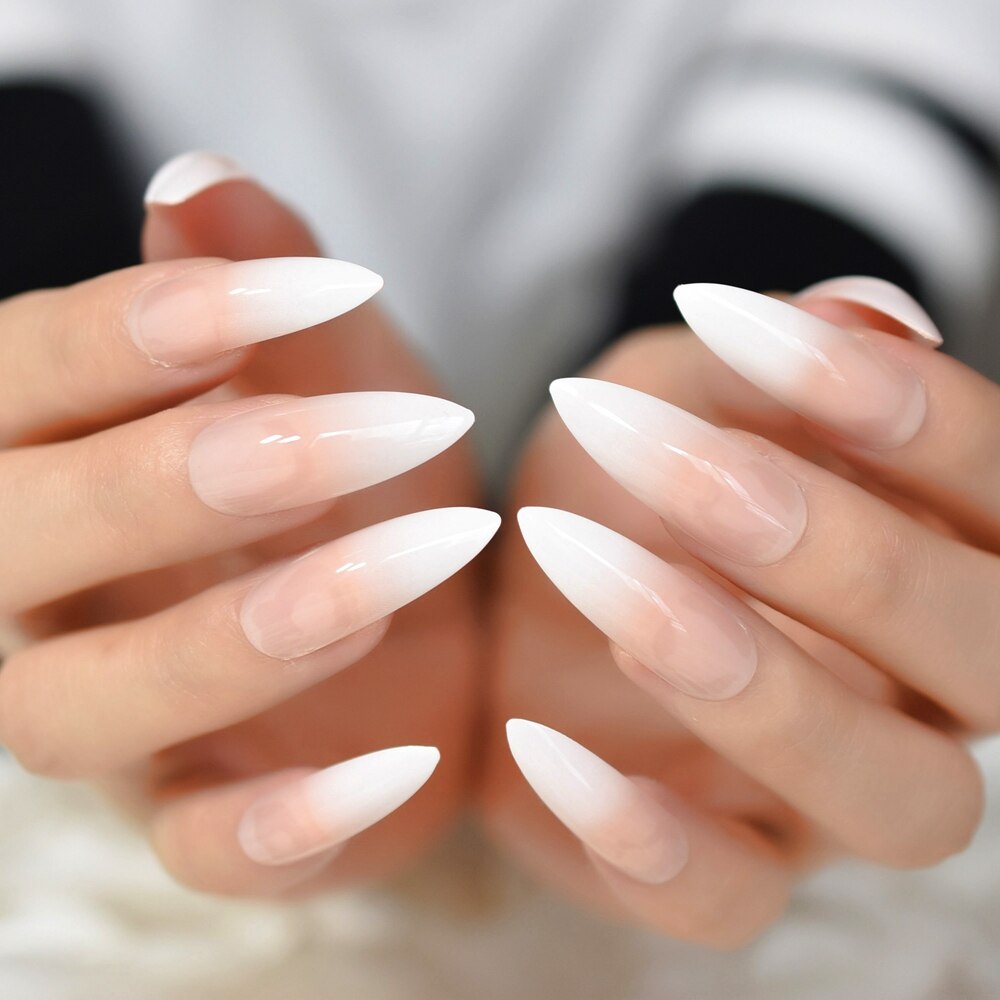Ekstremt spiss faux ongles hvit ombre naken fransk spiker tips lang stiletto abs gel negler sett 24 ct: L5052