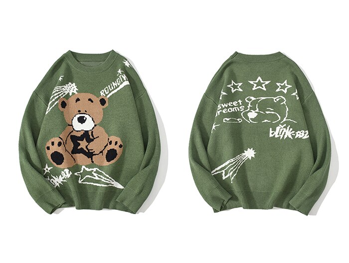 Suéter estampado de oso Harajuku para hombre, ropa informal estilo Hip Hop, algodón, holgado, Otoño,: green / M