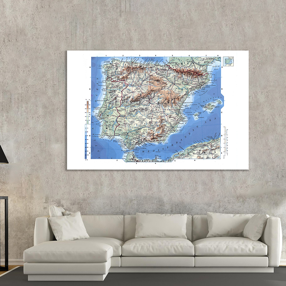 Mapa orográfico de España, póster detallado de 150x100cm, lienzo no tejido, pintura, impresiones de arte de pared, suministros escolares, decoración del hogar