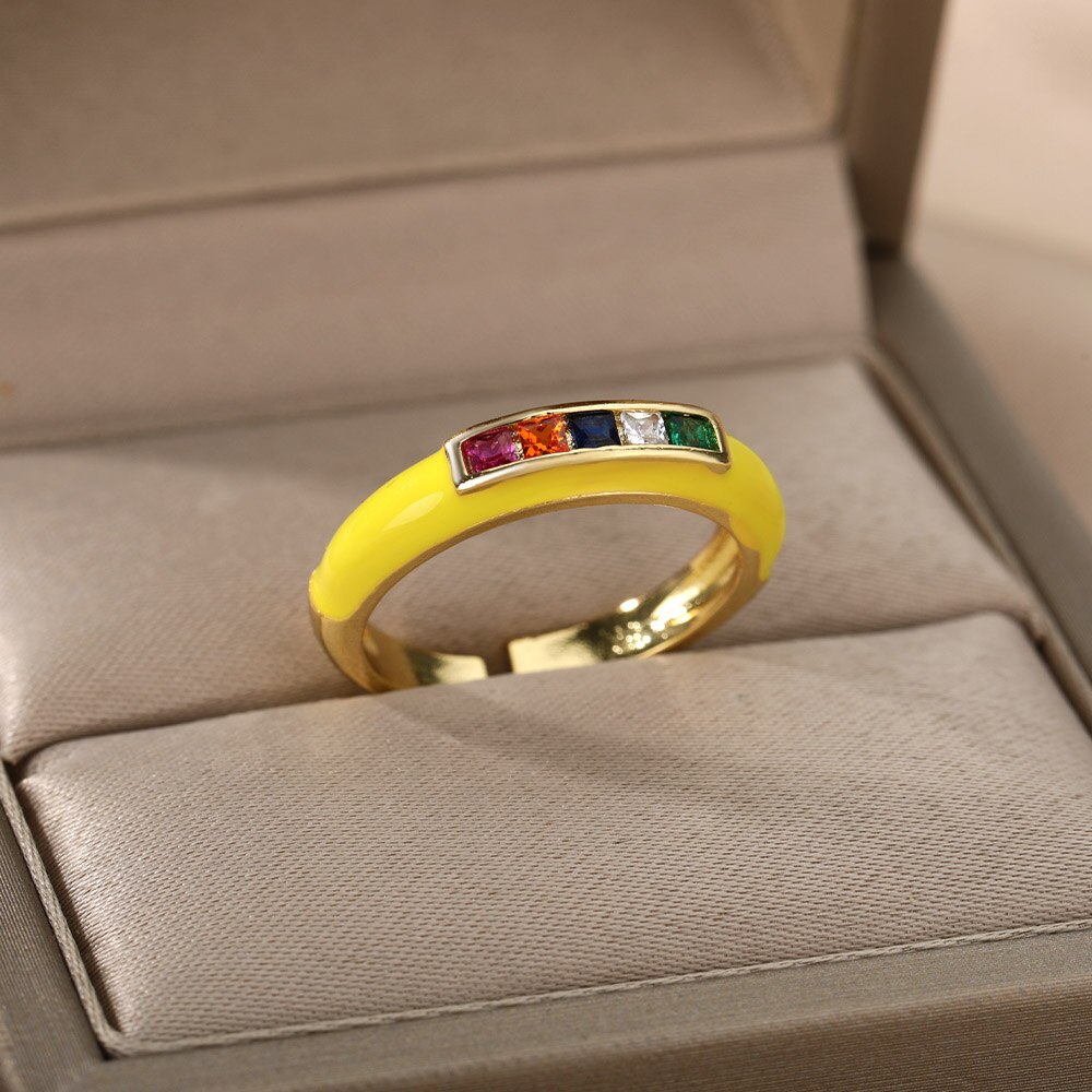Rainbow Enamel Druipend Olie Zirkoon Ring Voor Vrouwen Rvs Goud Verstelbare Snoep Ringen Partij Sieraden Bijoux Femme
