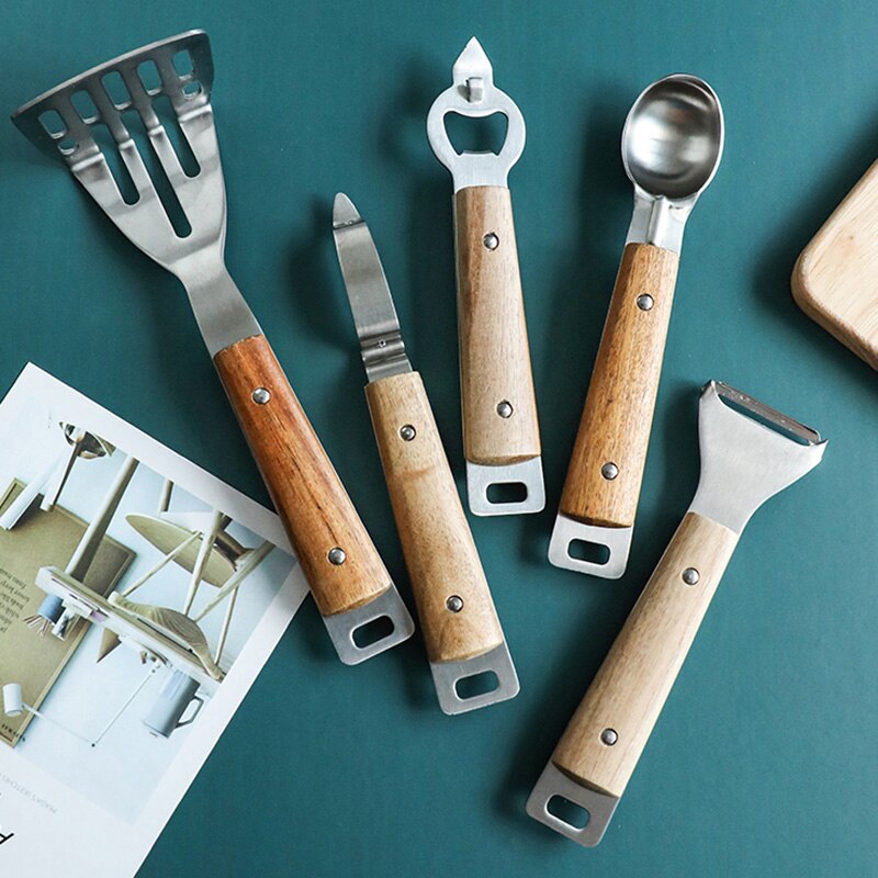 5 Pieces Kitchen Gadgets Set Stainless Steel Utensils with Wooden Handles, Opener Peeler Ice Cream Spoon