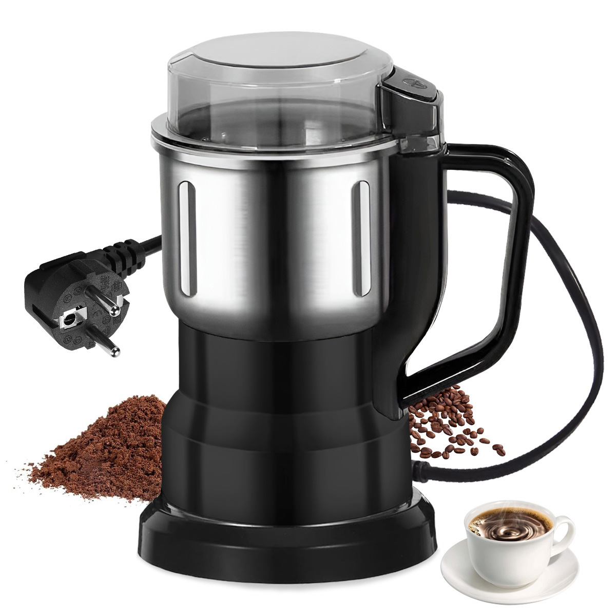 Electric Grinder Kitchen Grain Nut Bean Spice Mill 500ml Baby Food Processor 200W Multi-Function Home Coffee Grinder 4 Blades: Dark Khaki