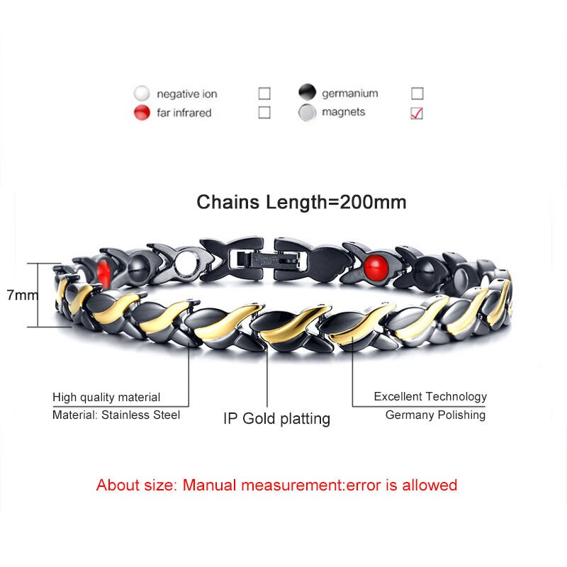 Bracelet amincissant classique ondulé, breloque en acier titane et or noir, Bracelet magnétique à feuilles pour sport, soins de santé, perte de poids, produit
