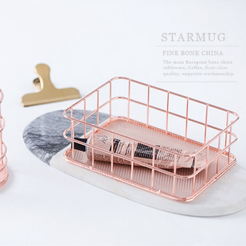 Rose Goud Metalen Ijzer Opslag Mand & Dubbele Lagen Winkelwagen Model Smeedijzeren Supermarkt Trolley Metalen Rose Goud