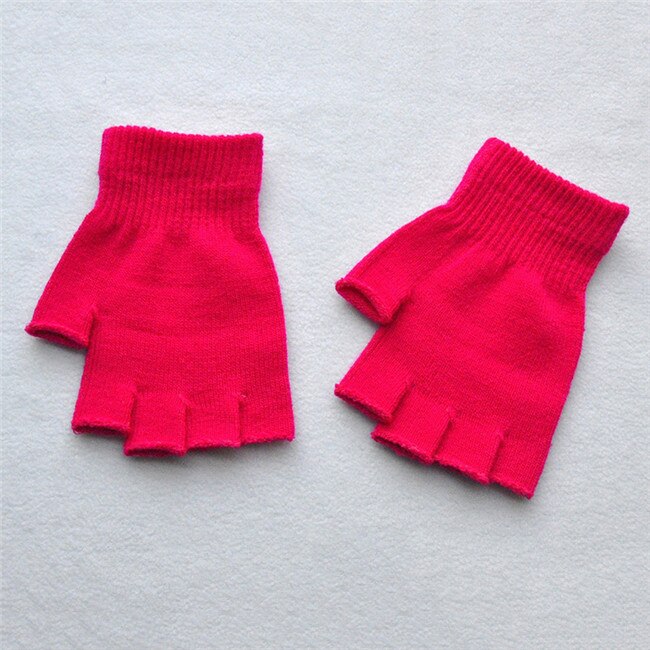 Children's Winter Gloves Cold Warm Acrylic Fingerless Gloves Solid Color: rose Red