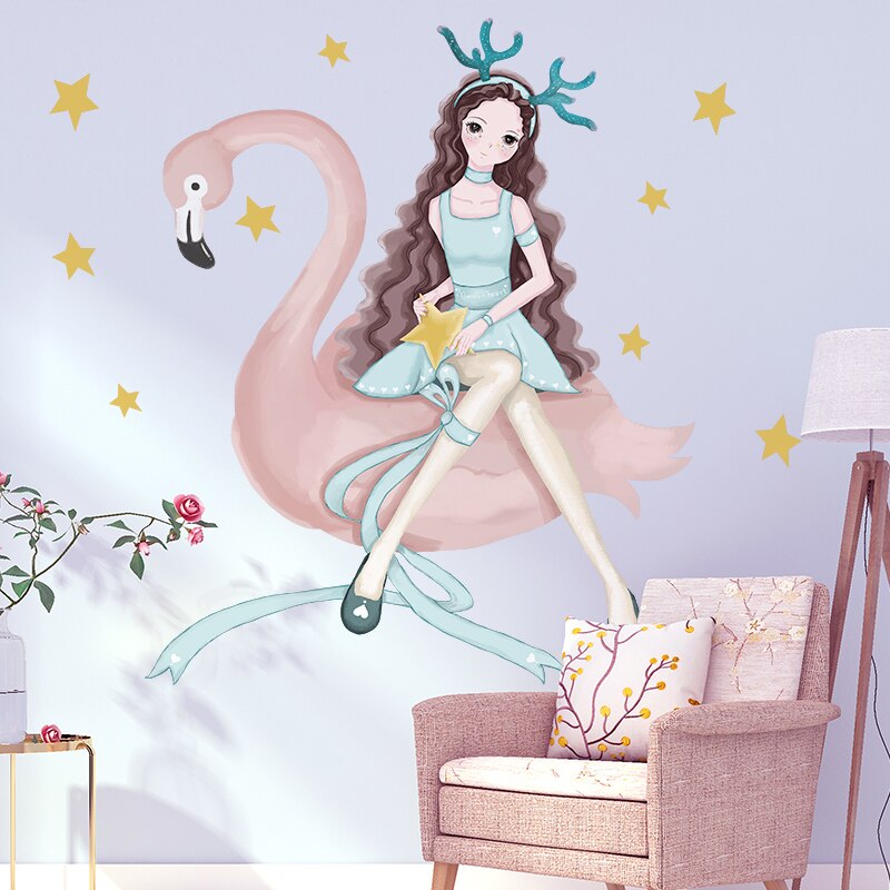 Muurstickers voor cartoonmeisjes, doe-het-zelf flamingo-dieren, muurstickers voor kinderkamers, babykamer, kinderkamer, huisdecoratie