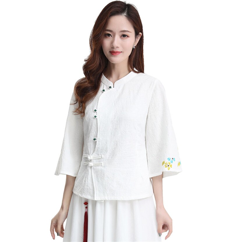 Shanghai Geschichte 3/4 Hülse chinesische Traditionelle Kleidung der Frauen Chinesischen oben Mischung Leinen Bluse Chinesischen Weiß Qipao Hemd: 27061 / XL