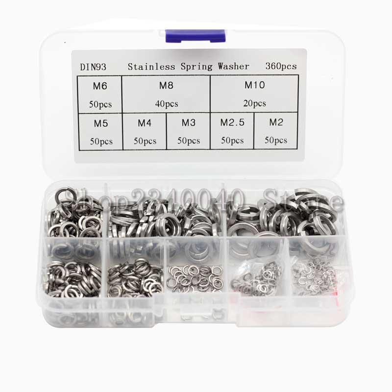 360pcs Spring Washer Assortment Kit stainless steel M2 M2.5 M3 M4 M5 M6 M8 M10 spring lock washer GB93 Elastic Gasket