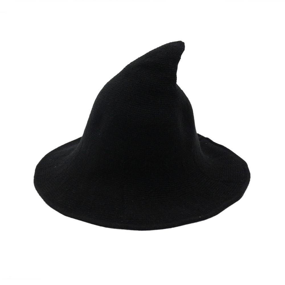 Caps Halloween Lady Wide Brim Woolen Knit Witch Hat Costume Party Cosplay Bucket Cap: Black