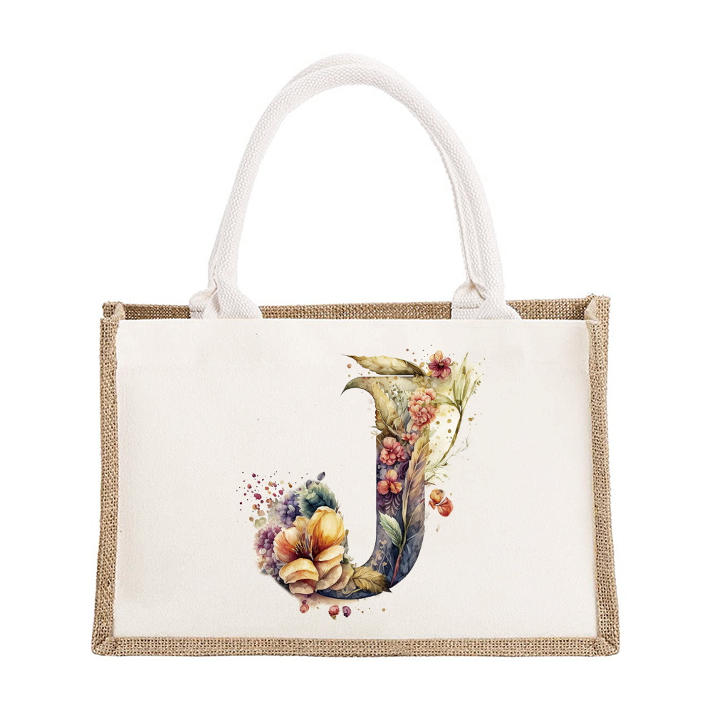 Sac à bandoulière en lin de grande capacité, sac de Shopping pour femmes, motif imprimé de lettres florales, sac d'imitation de Jute: Or