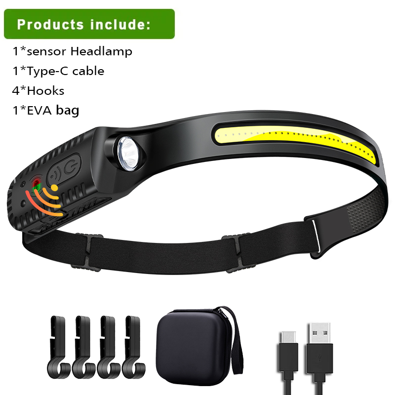 USB wiederaufladbare Stirnlampe, Induktionsscheinwerfer, COB-LED-Sensor, Stirnlampe, eingebauter Akku, Taschenlampe, 5 Beleuchtungsmodi, Scheinwerfer: Gelb