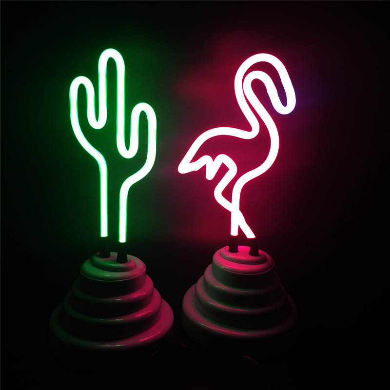 3d flamingo kaktus neonskylt ledrörlampa äkta glasrör neon retro belysningskraft  by 4x aaa batteri eller usb kabelbelysning: Flamingo och kaktus