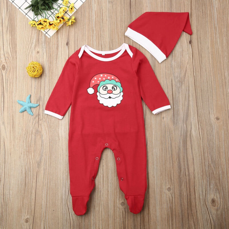 Infant Baby Girl Boy Kids 0-12M Rompers Xmas Christmas Santa Claus Romper Jumpsuits Hat Clothes