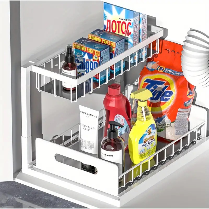 Organizadores y almacenamiento debajo del fregadero de 2 niveles con cajón deslizante, estante de baño multiusos, organizador para almacenamiento de cocina y baño: Verde claro