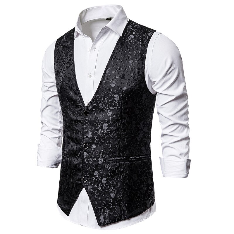 Luxus Gold Blumen- Jacquard Kleid Weste Männer Ärmellose Weste Männer Gilet Homme Kostüm Geschäft Hochzeit Rauchen Westen: Schwarz / XXL