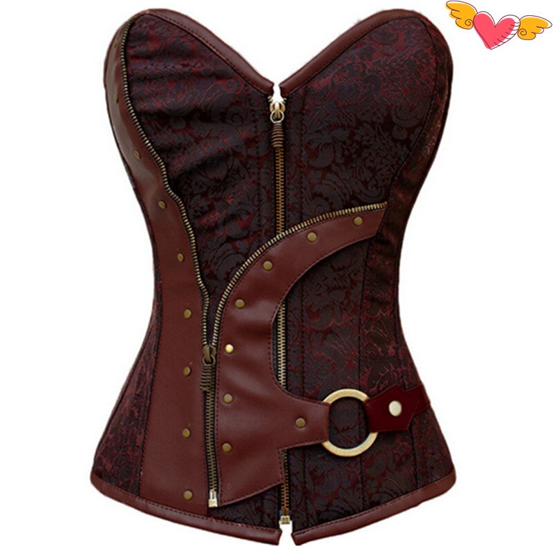 Sexy Women Brown Brocade Steampunk Gothic Zipper Corset Brocade Pvc Plus Size Corpete Corselet Bustier