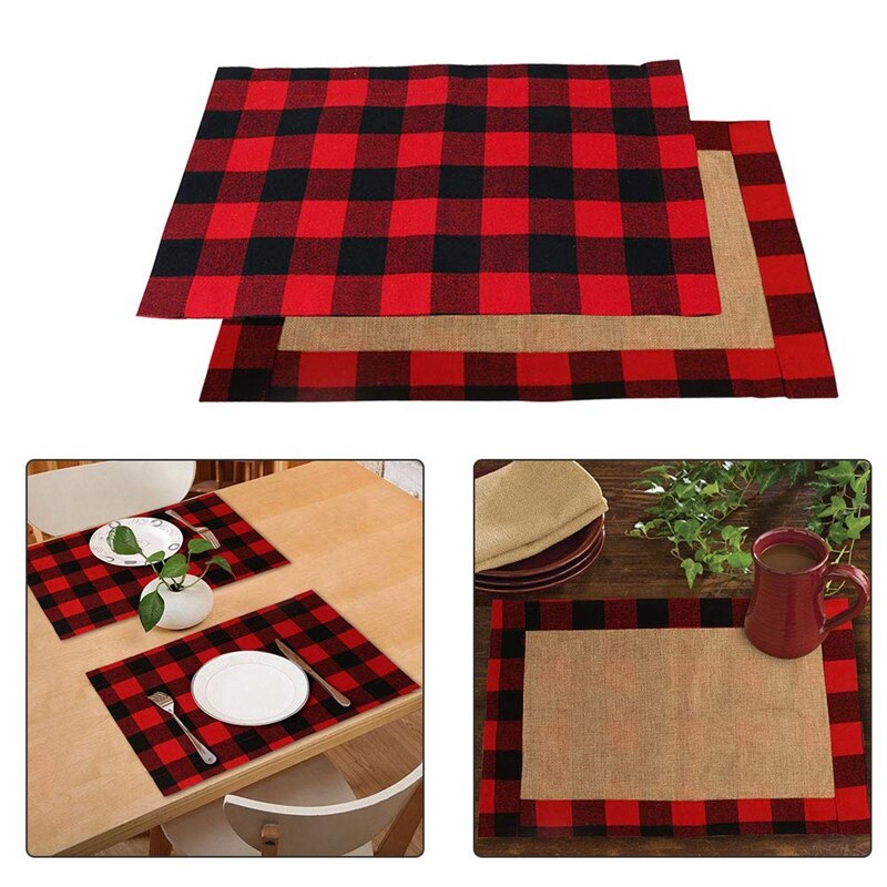 6Pcs Buffalo Plaid Placemats Rood En Zwart Buffalo Check Placemats, Omkeerbare Katoen Jute Kerst Placemats Voor Chr