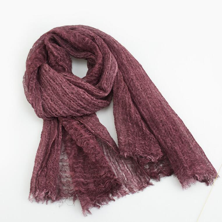 Luxe Solid Real Linnen Zomer Rimpel Zijden Sjaal Vrouwen Shawl Lange Soft Wrap M201: Wine red