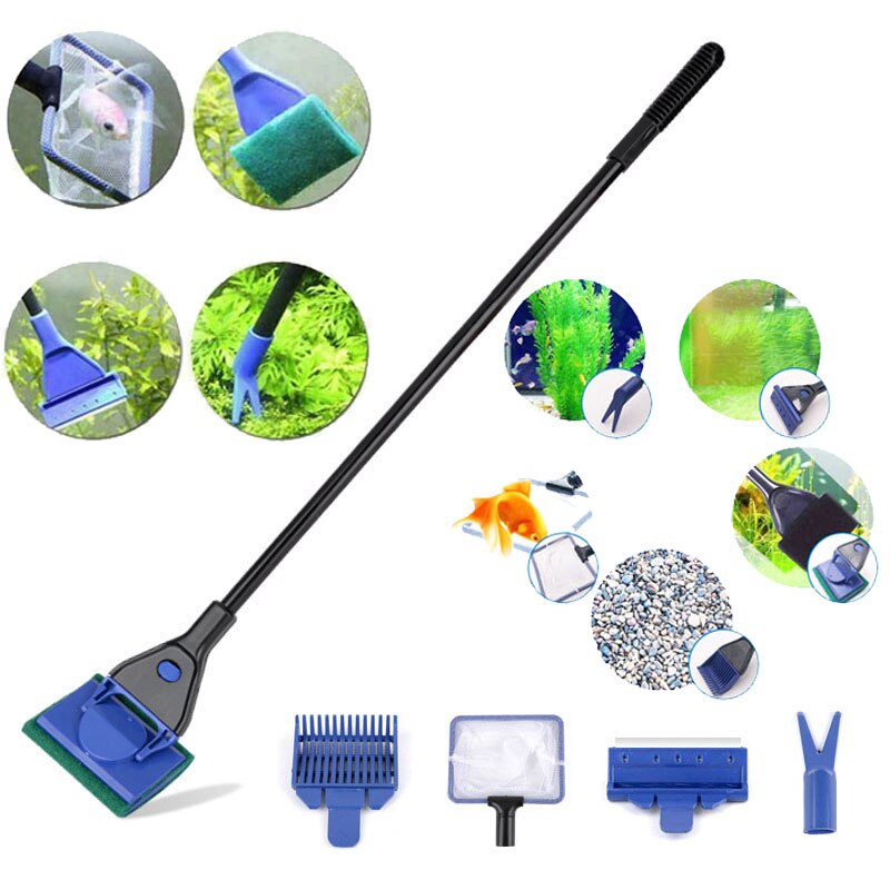 5-IN-1 Aquarium Cleaning Tools Fish Tank Cleaning Set Fish Net Gravel Rake Algae Scraper Fork Sponge Brush Glass Cleaner