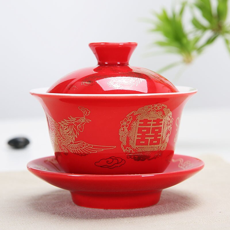 Kinesisk testel drage og føniks bryllup rød gaiwan keramisk testel terrin jingdezhen porcelæn te låg skål spisestel kopper