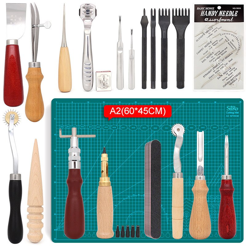 Leather Kit Leathercraft Working Tool Kit with Cutting Mat Saddle Making Tool Set Prong Punch Knife for Leather Craft Making DIY