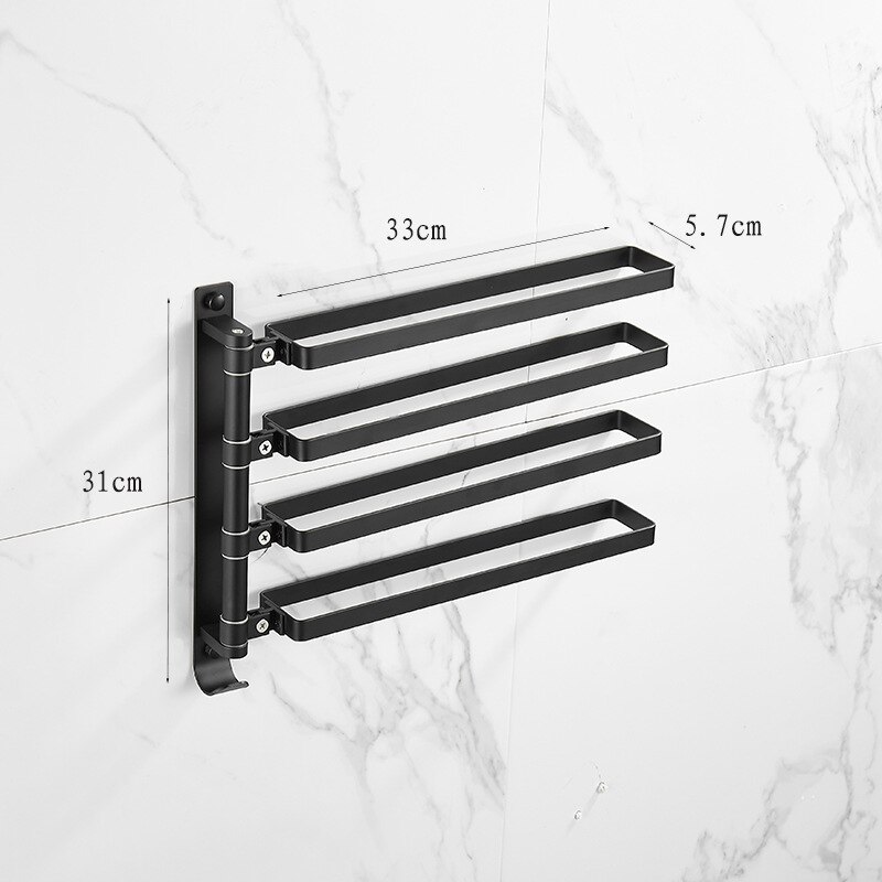 Svart / silver aluminium handdukshållare gratis spikhandduk bar väggmonterad svängbar svängarm handduk ring badrumstillbehör: Svart fyra