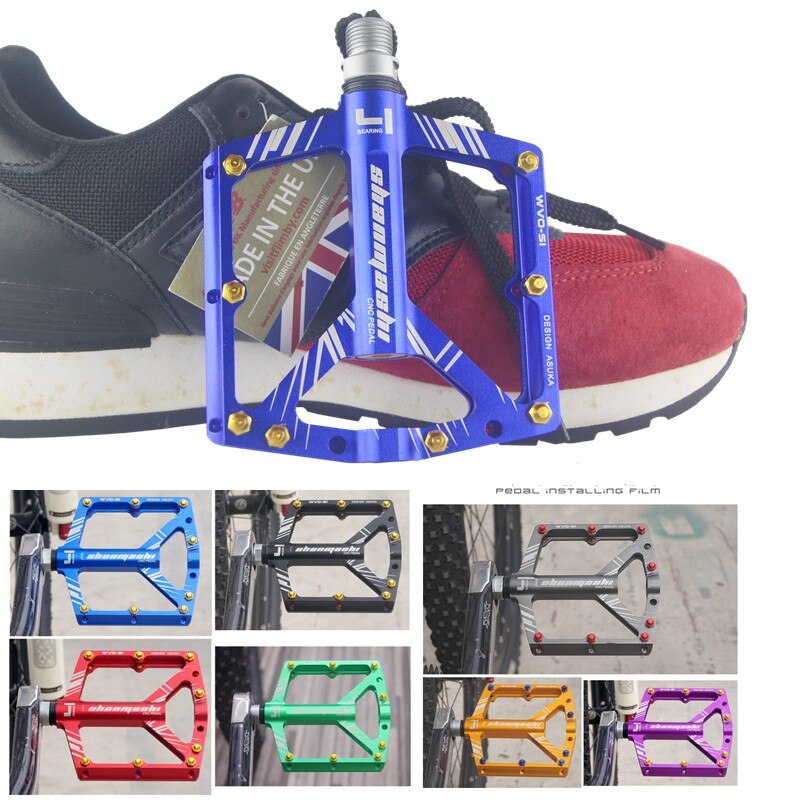 Pedales de bicicleta de aleación de aluminio CNC antideslizantes, 4 rodamientos de ancho, fino, con grilletes, 1 par
