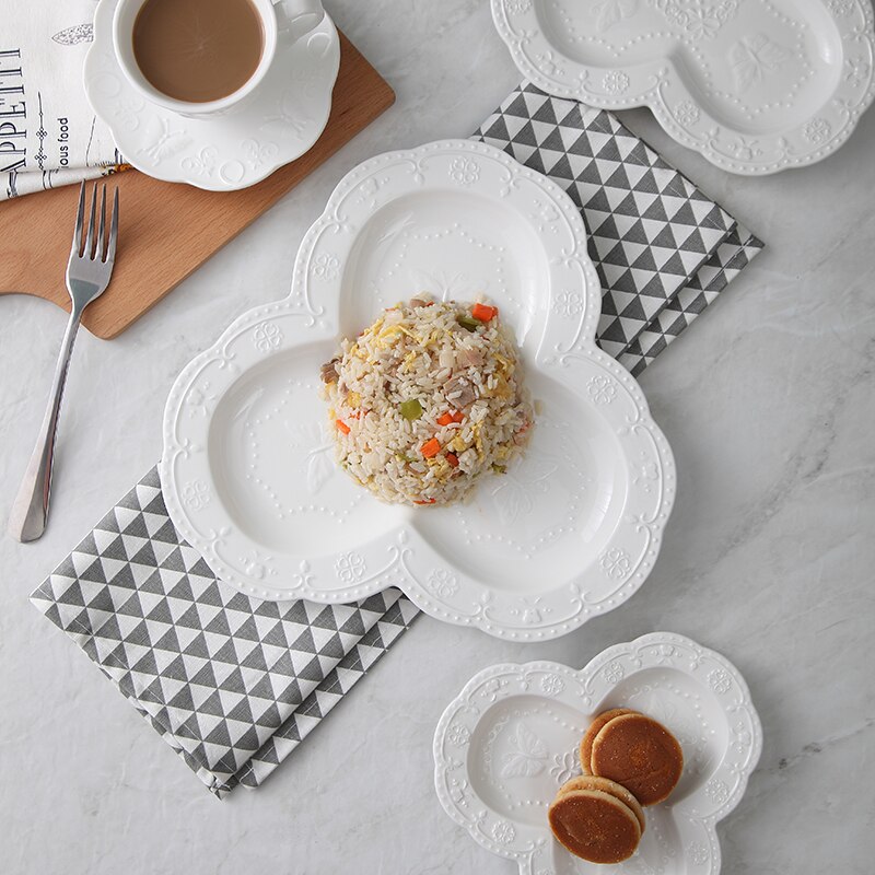 3pcs set, plain white embossed porcelain wedding buffet dishes, butterfly breakfast plate, ceramic dinner plates set