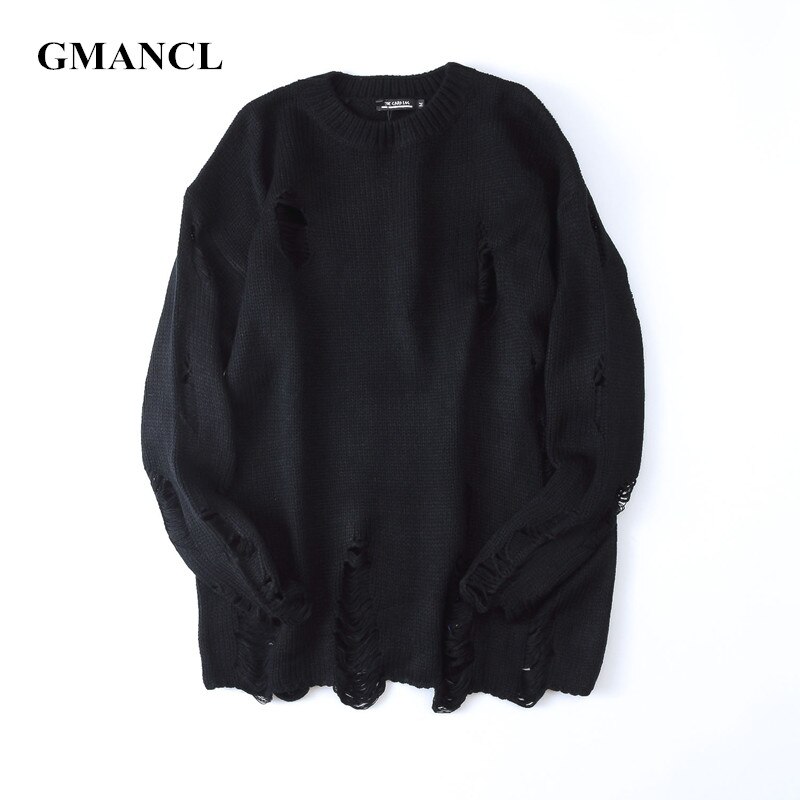 Ropa coreana para hombre, suéter con orificios rasgados, Vintage, ropa informal suelta, suéter negro de lana cálida