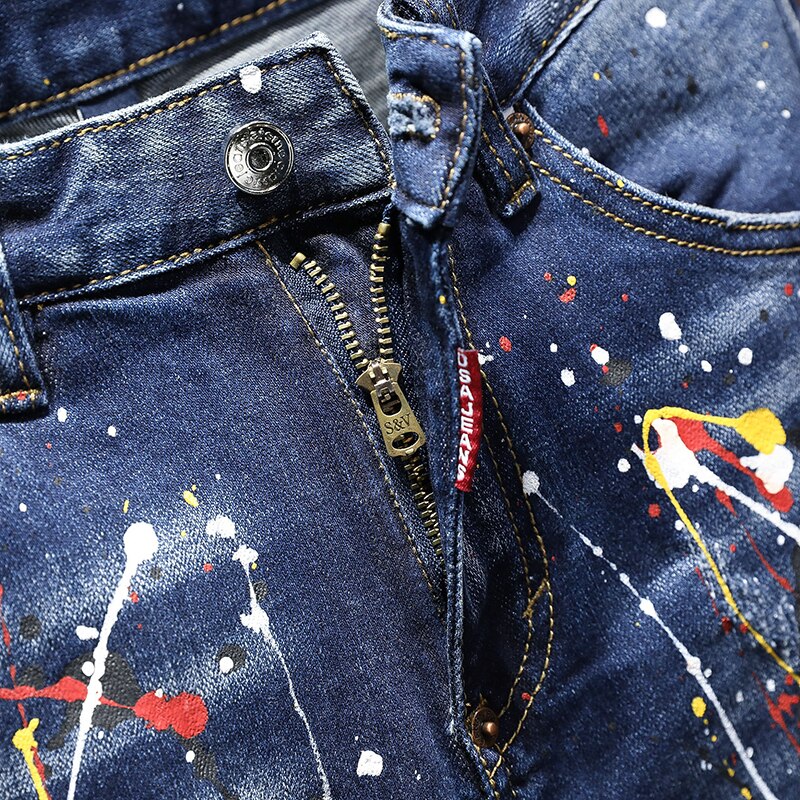 Skinny herre jeans revet jeans til mænd elastisk maling slanke bukser herretøj hip hop broderi forår efterår blå