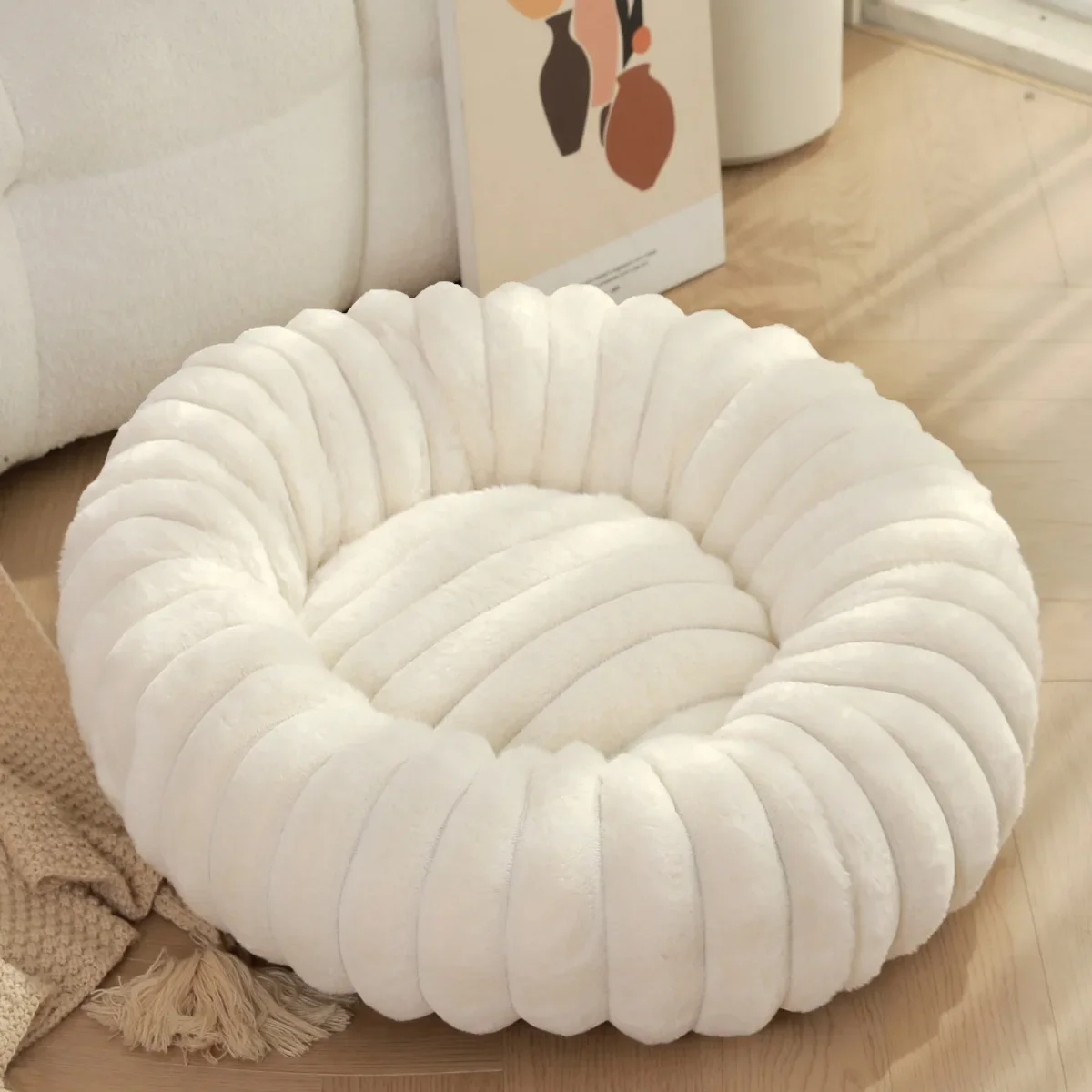 Perrera para mascotas de invierno, conejo redondo, relleno de felpa, suave, cómoda y cálida, colchón para perros y gatos de Color sólido a la , almohadilla para mascotas: M / Blanco