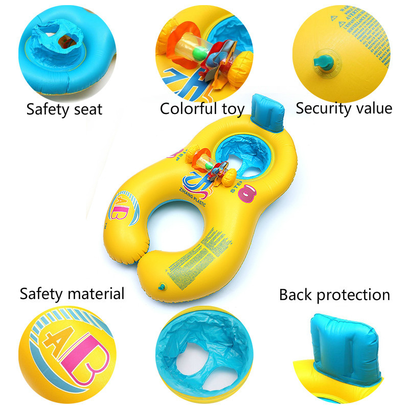 Inflatable Baby Swimming Ring Mommy Baby Parent-Child Double Person Float Seat Swimming Boat with Removeable Sun Canopy