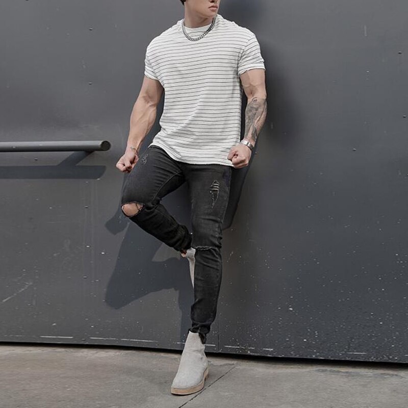 Sport och fritid kortärmad t-shirt herr sommarrandiga muskler herr fitnesskläder svettabsorberande sporttopp