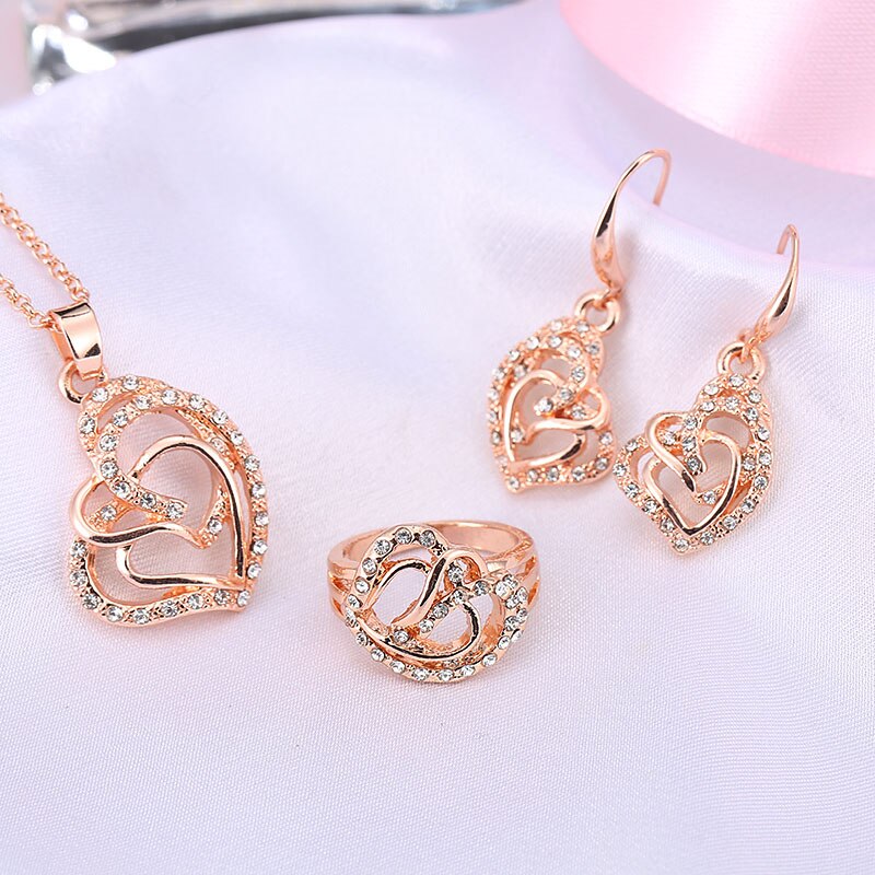 trendy Newest Rose Crystal African Costume Jewelry for Women Heart Shape Necklace Earrings Ring Sets
