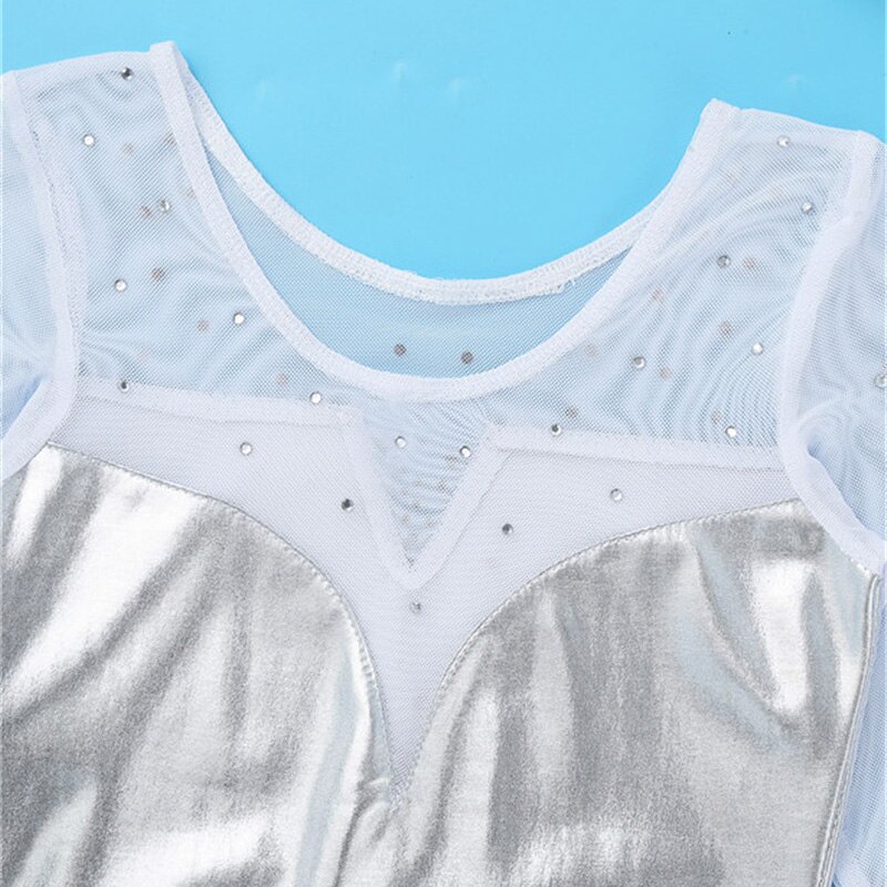 Sparkle Girls Tulle Long Sleeve Gymnastics Leotard Bodysuit Rhinestone Metallic Ballet Leotard Kids Practice Stage Dance Costume