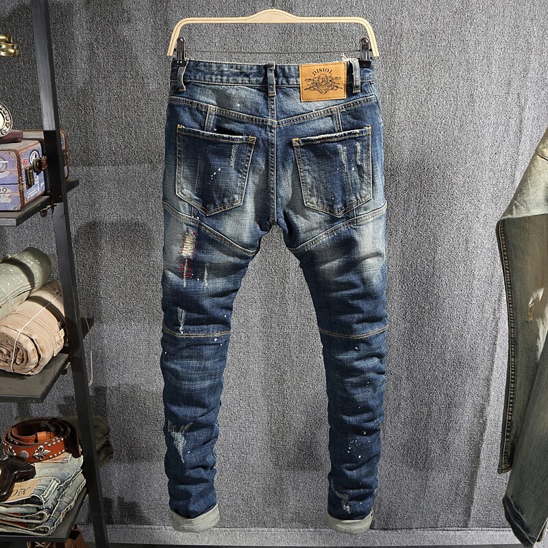 Streetwear mænd jeans slim fit retro blå splitsede riflede jeans mænd ødelagt denim bukser hip hop jeans homme