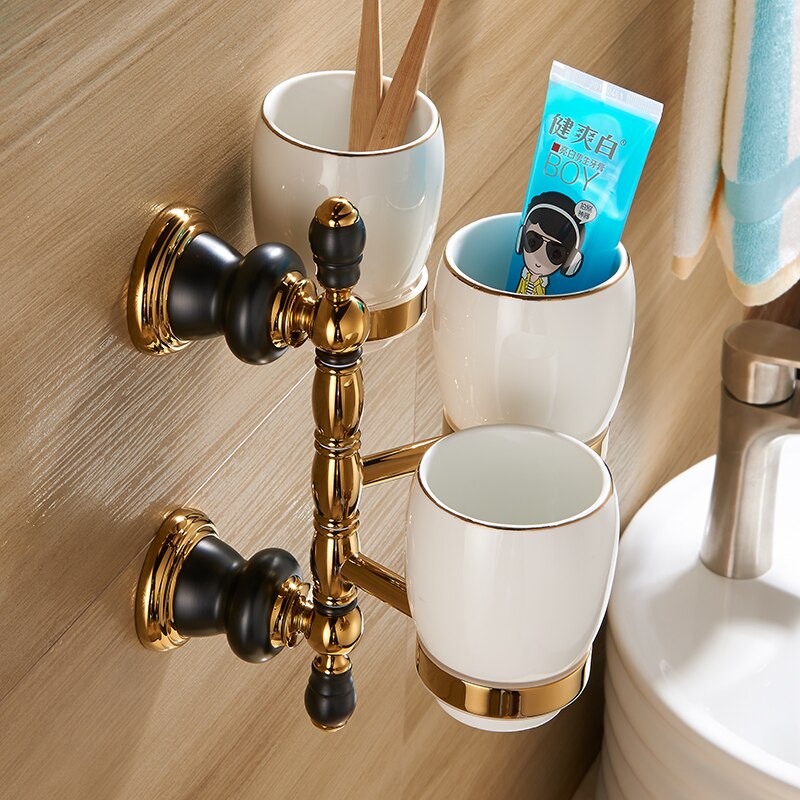 Portavasos de porcelana ajustable para baño, soporte de lujo de oro para tres tazas, para cepillo de dientes, montado en la pared, XL66836