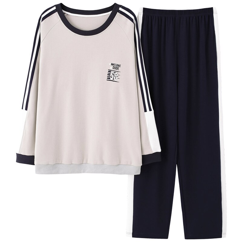 Conjuntos de pijamas de hombre de otoño, manga larga, talla grande, Kawaii, ropa de casa, ocio, estampado cómodo, rayado, sencillo, 2 uds, estilo de