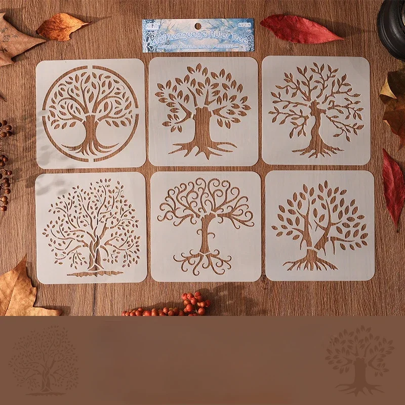 6 unids/set de plantillas de la serie de árboles para pintar y decorar, plantillas de plantillas de árbol de hueco para álbum de recortes, diario, suministros para estudiantes: BLANCO