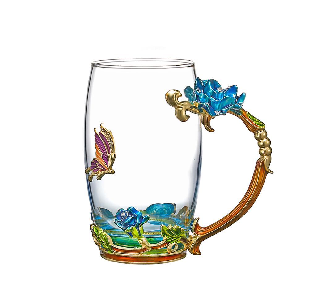 1pc emalj glas kopp kaffe mjölk dryck blomma te kopp set med lock sked box par vänner kopp värmebeständig: Hög