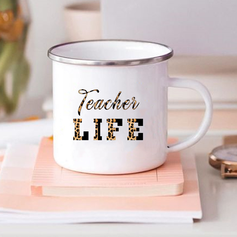 Teacher Love Inspire-Tazas de esmalte estampadas, vaso de vidrio para café, té, bebidas, leche, tazas escolares con asa, para profesores: XH1304-A015WH-8