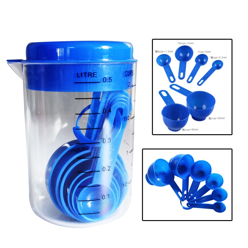 7 unidades/juego medidores de utensilios de cocina, taza medidora de plástico azul y rosa, cucharas graduadas para cocina, hornear café