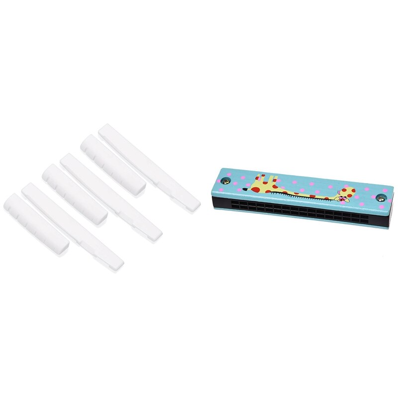 1 Pcs Wooden Giraffe Pattern Dual Series 32 Hole Harmonica & 3 Set (6Pcs) Guitar Nut and Acoustic Bridge Saddle