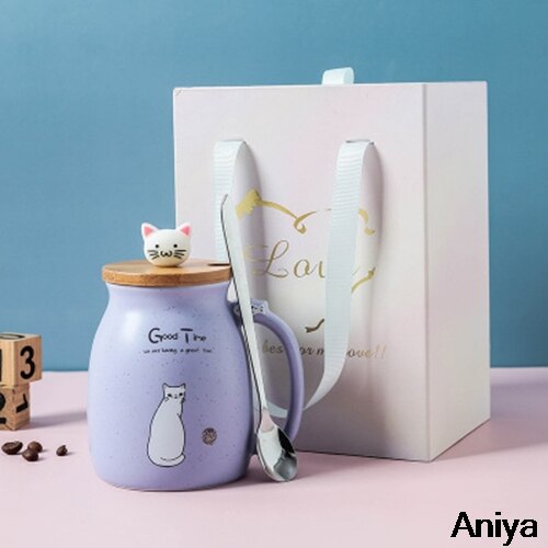 Cartoon Ceramics Cat Mug With Lid and Spoon Coffee Milk Tea Mugs Breakfast Cup Drinkware Heat-Resistant Mug Color: purple with box