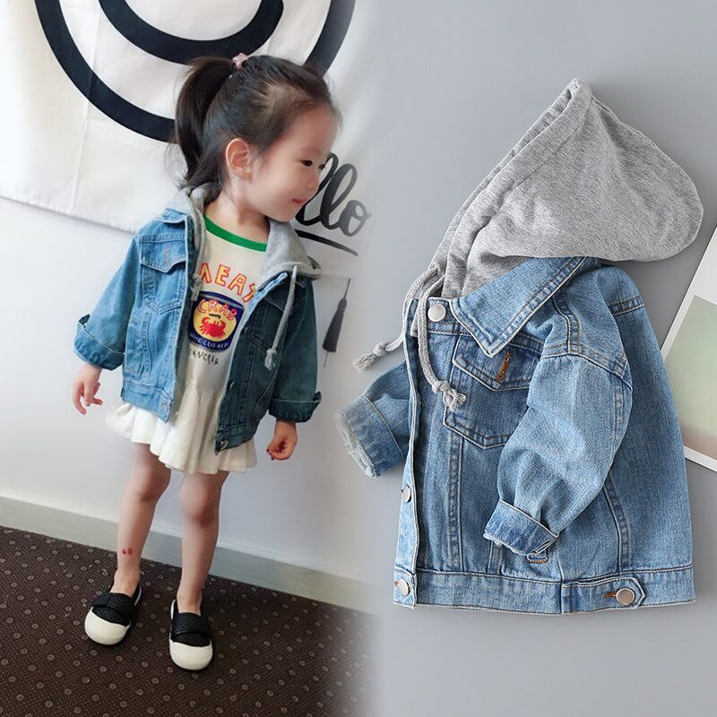 Ropa de primavera para niños y niñas, abrigo de tela vaquera para bebés, chaqueta con capucha Coreana de manga larga