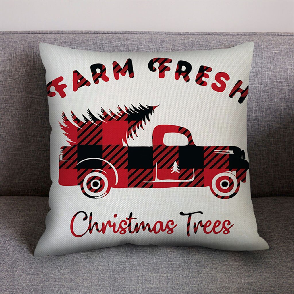 1 ud. Navidad dibujo de cuadros rojo ciervo árbol de Navidad cojín de decoración de sofá algodón Lino funda de almohada cojín hogar sala de estar: C