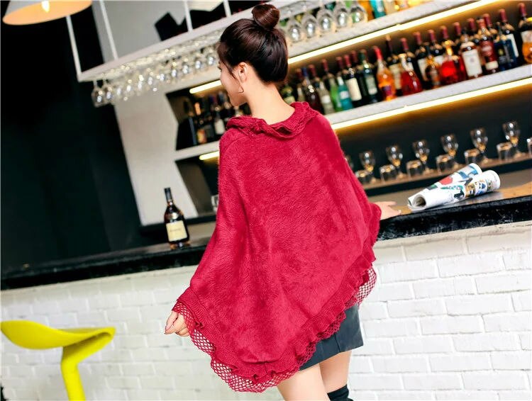 [visuelle aksler] ensfarvet pels cape poncho vinter kvinder frynser hæklet fleece poncho frakker sweater