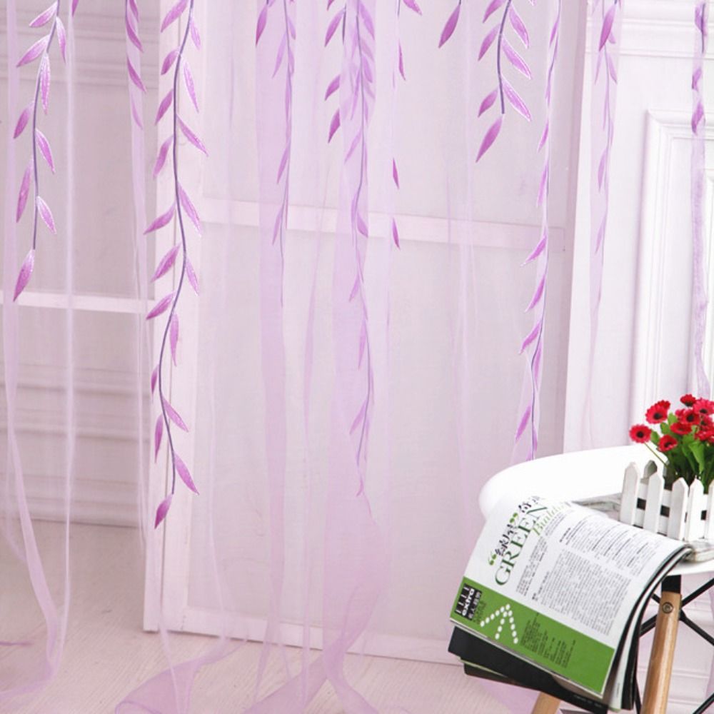 Cortina de tule para tratamento de janela, cortina de folha de salgueiro, estilo pastoral, gaze, romântico, verde, transparente, sala de estar: Vermelho