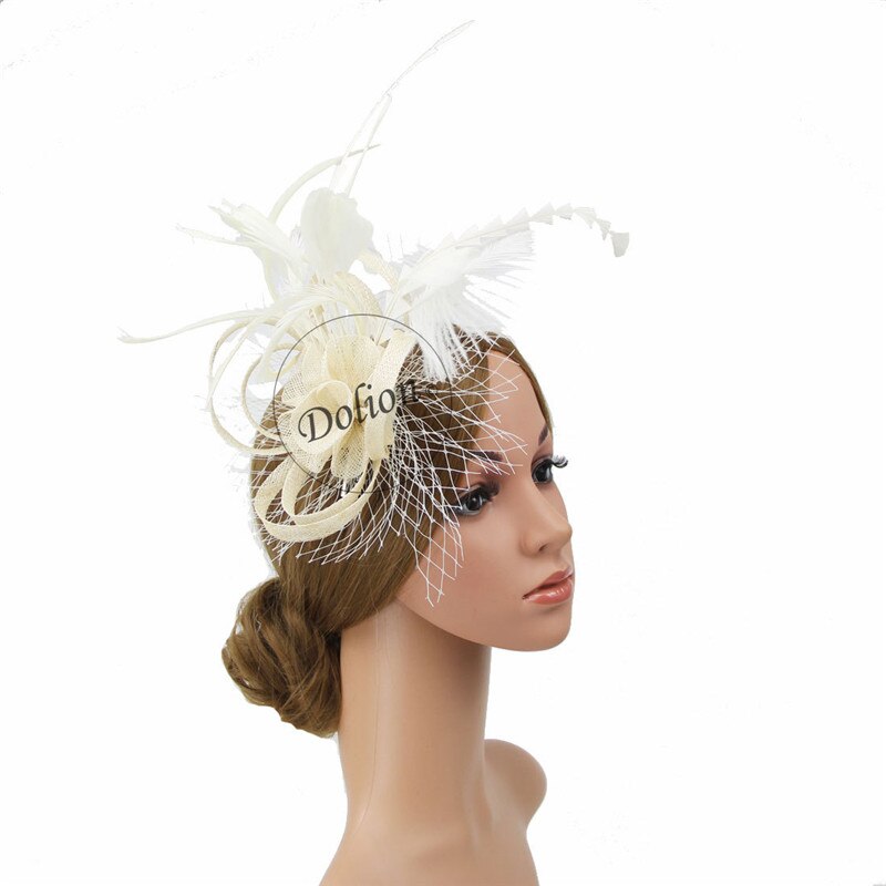 Women Chic Fascinator Hat Cocktail Wedding Party Church Headpiece Headwear Hair Clip Accessories: Beige
