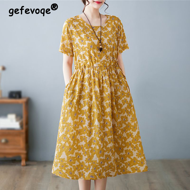 Summer Cotton Linen Literary Vintage Printing Loose Casual Robe Ladies Round Neck Lace Up Waist Dress Vestidos De Fiesta
